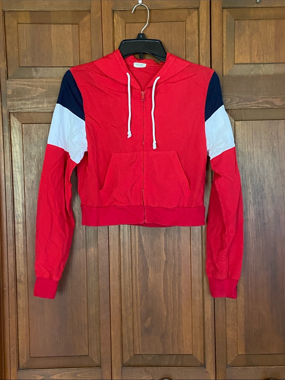 Brandy Melville Red Navy White Colorblock Cropped Zip Hoodie